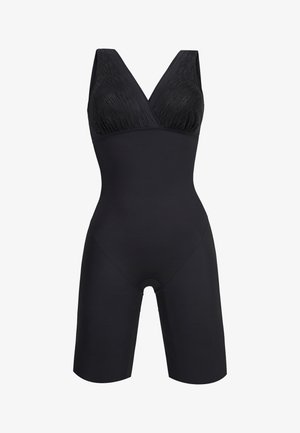 Black bodysuit with a V-neck design, featuring textured black upper and smooth stretch fabric. The lower section extends to mid-thigh.