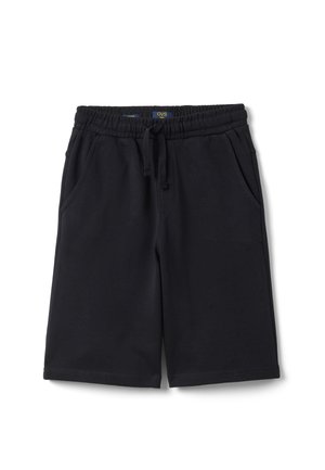 Pantalones cortos casuales negros hasta la rodilla con cintura elástica, cordón ajustable y bolsillos laterales, extendidos sobre un fondo blanco.