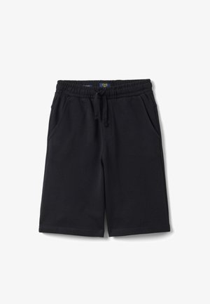 Zwarte casual shorts tot op de knie met elastische tailleband, verstelbare trekkoord en zijzakken, plat gelegd op een witte achtergrond.