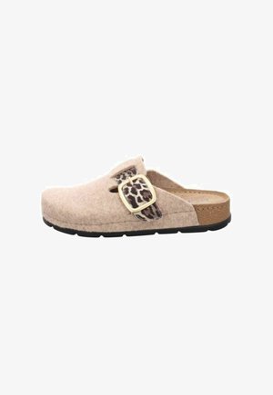 Beige Wollclogs mit einem Leopardenmuster-Riemen und einer goldenen Schnalle, ausgestattet mit einer gepolsterten Fußbett und einer schwarzen Gummisohle.