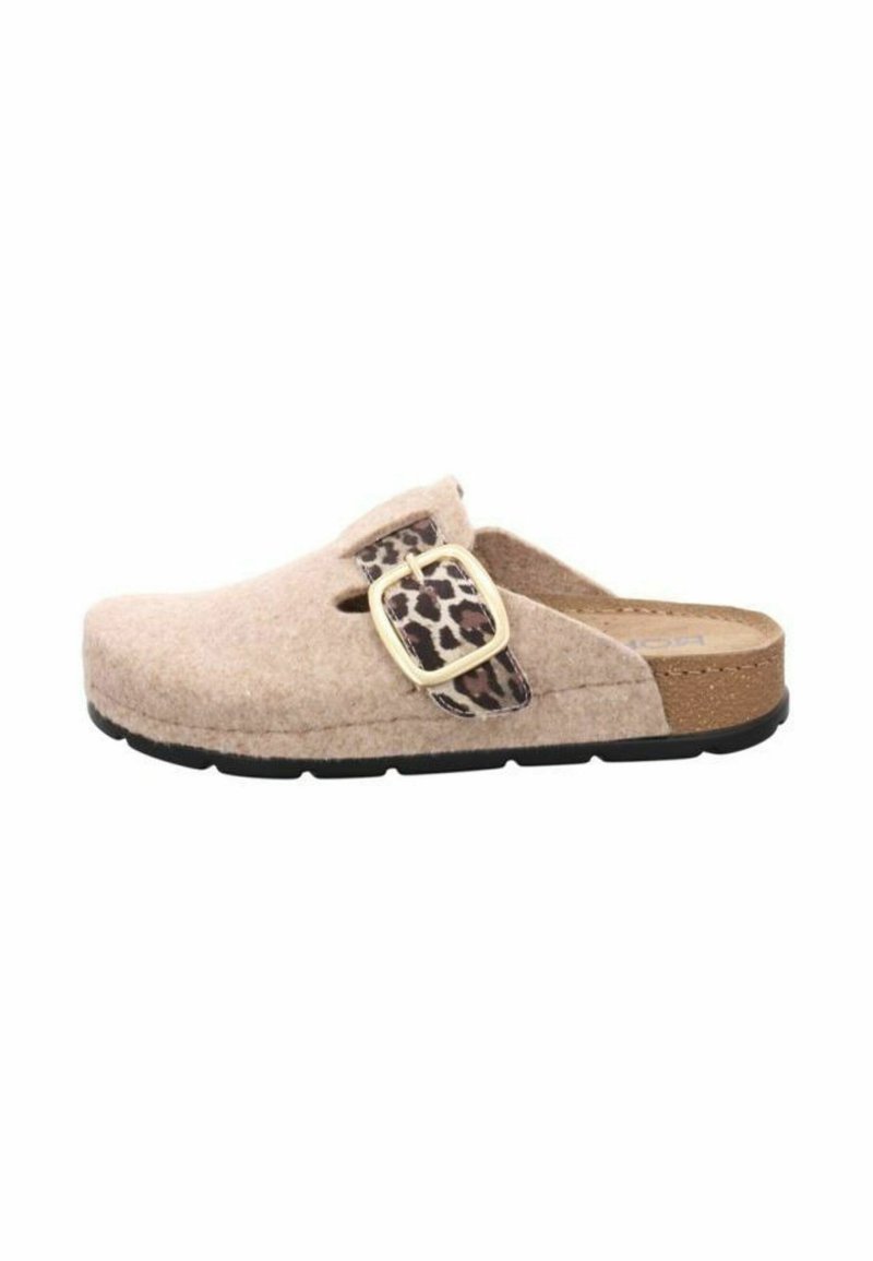 Zoccoli in lana beige con una fascia a stampa leopardata e una fibbia dorata, dotati di una soletta imbottita e suola in gomma nera.