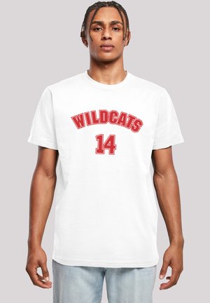 White cotton t-shirt featuring "WILDCATS" and "14" in bold red lettering. Classic crew neck design with short sleeves, casual fit.