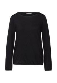 Svart långärmad topp med rundad urringning, tillverkad av ett mjukt tyg. Har en avslappnad passform och subtil söm längs fållen.