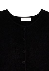 Cardigan nero in maglia con scollatura rotonda, sei bottoni sul davanti e una texture morbida. Etichetta con la scritta 'NAKD'.