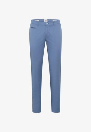 Lyseblå slim-fit bukser med bæltestropper, forreste knap, lynlås og en lille lynlåslomme på højre side.