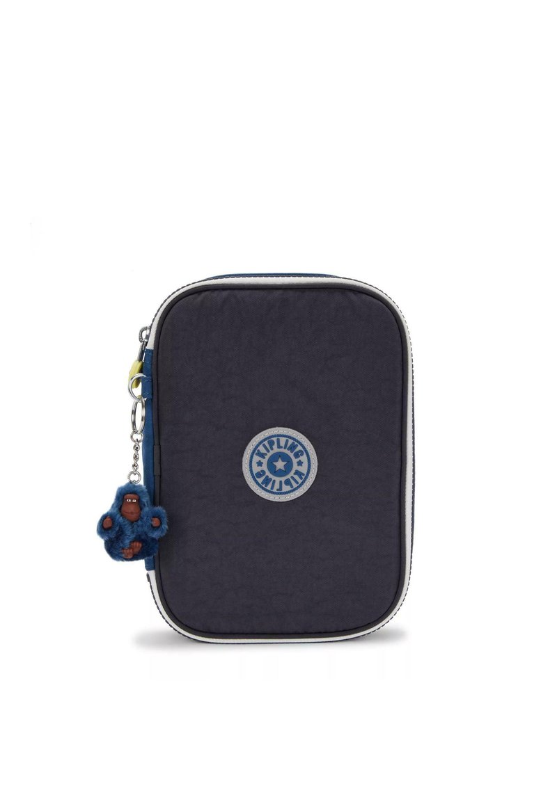 Dark blue rectangular pouch with a textured finish, featuring a circular logo and a fuzzy monkey keychain. Zippered closure with contrasting trim.