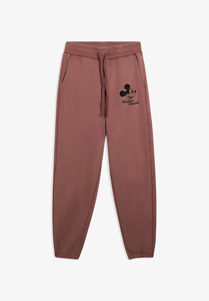 Pantalones deportivos de Mickey Mouse en color rosa empolvado, confeccionados con tela suave, cuentan con una cintura elástica y bolsillos laterales, con un detalle de logotipo impreso.