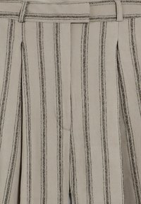 Pantaloni beige con strisce verticali grigie, caratterizzati da una parte anteriore piatta, passanti per cintura e dettagli plissettati. Realizzati in un tessuto leggero.