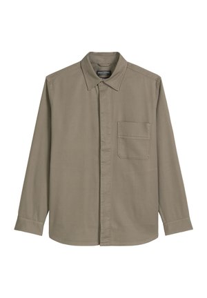 Camicia a maniche lunghe in un colore verde oliva tenue, con chiusura frontale con bottoni, colletto e taschino sul petto. Realizzata in tessuto leggero.