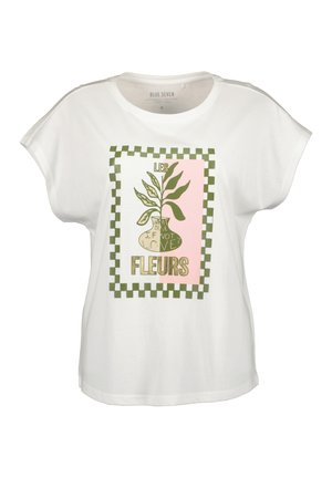 Hvid kortærmet t-shirt med en afslappet pasform, prydet med et grønt og rosa grafisk design af en plantevase samt tekst i guld og grønt.
