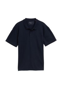 Navyblaue Poloshirt aus Baumwolle, mit Kragen, dreiknöpfiger Leiste und kurzen Ärmeln; strukturierter Stoff mit gerippten Details.