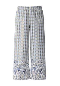 Wijdvallende broek van lichte stof, met een blauw en geel geometrisch patroon, en bloemaccenten aan de zoom in zachte roze en blauwe tinten.