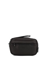 Pochette da viaggio nera in nylon con chiusura a zip, logo in rilievo e una sottile tracolla. Forma rettangolare compatta con una superficie texturizzata.