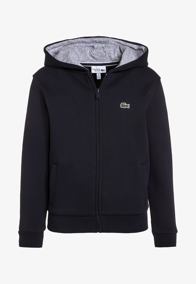 Námořnická mikina s kapucí na zip z bavlněné směsi, se šedou podšívkou, žebrovanými manžetami a malým zeleným logem krokodýla na hrudi.