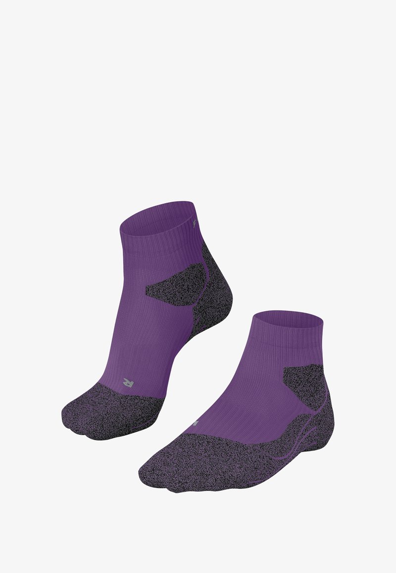 Fioletowe skarpetki do kostki z teksturowanym czarnym obcasem i palcami, posiadające gładki dzianinowy trzewik oraz wzmocniony łuk dla dodatkowego wsparcia.