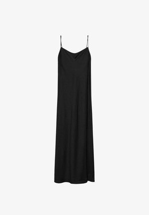 Sort slipdress med tynde justerbare stropper, løs pasform, lavet af glat stof, falder til midt på læggen, minimalistisk stil.