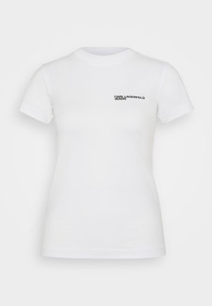 Valkoinen puuvillapaita, jossa on lyhyet hihat, pyöreä kaula-aukko ja pieni musta painettu "KARL LAGERFELD JEANS" -logo vasemmassa rintakehässä.