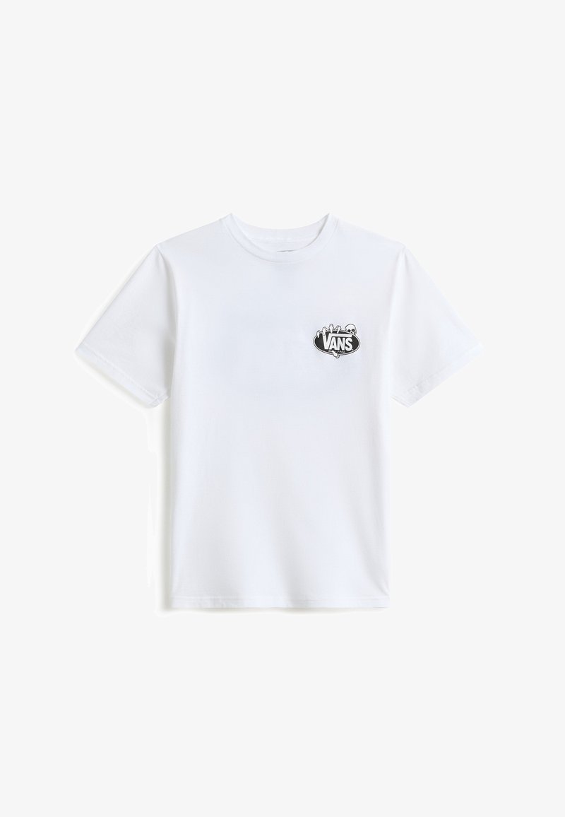 Camiseta blanca de manga corta con cuello redondo con pequeño logo de Vans en blanco y negro en el pecho izquierdo que presenta tres personajes de dibujos animados.