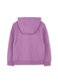 Haut à capuche violet avec une capuche, des poignets côtelés et un ourlet. Tissu doux et texturé. Design simple sans motifs ou accessoires visibles.