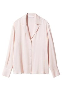Camicia rosa pallido a maniche lunghe realizzata in tessuto morbido, con colletto classico, chiusura con bottoni e vestibilità ampia con maniche arrotolate.