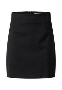 Zwarte pencil skirt met een soepele textuur, hoge taille en verborgen rits aan de achterkant. Bevat minimale stiksels en geen zakken.