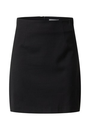 Schwarzer Bleistiftrock mit glatter Textur, hoher Taille und verdecktem Reißverschluss hinten. Verfügt über minimale Nähte und keine Taschen.
