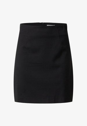 Zwarte pencil skirt met een soepele textuur, hoge taille en verborgen rits aan de achterkant. Bevat minimale stiksels en geen zakken.