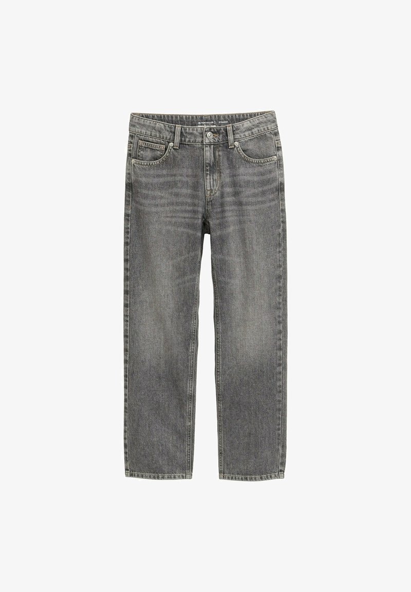 Jeans de mezclilla gris con un diseño de pierna recta, cinco bolsillos y un sutil desgaste. Presenta un cierre de botón y cremallera, con presillas para cinturón.