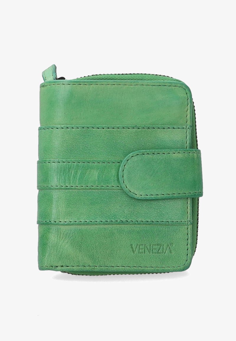 Green leather wallet with a zippered edge, featuring stitched accents and a front flap/button closure. Compact rectangular shape.
