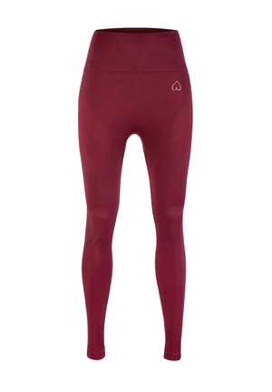 Burgundowe legginsy sportowe z wysokim stanem, posiadające teksturowane wzory wzdłuż nóg oraz małe białe logo na pasie.