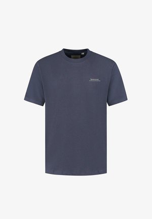 Marineblaue Baumwoll-T-Shirt mit Rundhalsausschnitt und kurzen Ärmeln. Mit dezentem weißen Logo auf der Brust. Glatte Textur, lockere Passform.