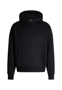 Felpa nera con cappuccio realizzata in morbido tessuto, dotata di tasca a cestino frontale e polsini a coste, che sottolinea una vestibilità rilassata e un design minimalista.