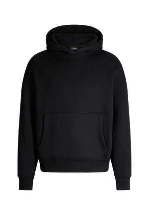 Felpa nera con cappuccio realizzata in morbido tessuto, dotata di tasca a cestino frontale e polsini a coste, che sottolinea una vestibilità rilassata e un design minimalista.