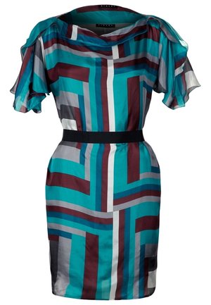 Robe à motif géométrique bleu sarcelle, bordeaux, gris et blanc avec de courtes manches volantées et une ceinture noire à la taille.