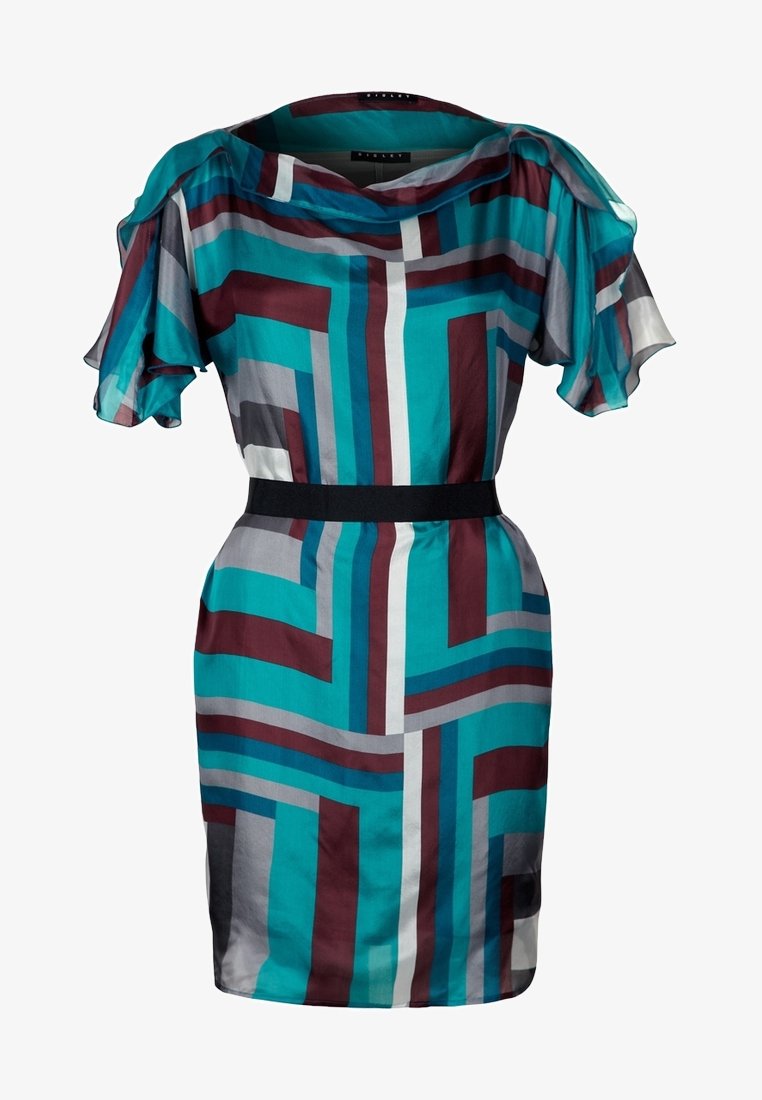 Robe à motif géométrique bleu sarcelle, bordeaux, gris et blanc avec de courtes manches volantées et une ceinture noire à la taille.