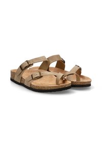Sandalias beige con dos correas ajustables, plantilla de corcho y suela texturizada. Presenta hebillas en tono dorado para un ajuste seguro.