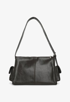 Black rectangular leather shoulder bag with adjustable strap and side pockets, featuring a top zipper closure and smooth texture.