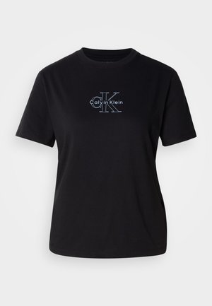 Black cotton t-shirt with a round neck. Features white graphic logo "Calvin Klein" and stylized "CK" on the front. Short sleeves, relaxed fit.