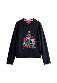 Navy sweater with Christmas tree made of colorful bows, mittens, and stars embroidered, with "Merry Christmas" text at the bottom.