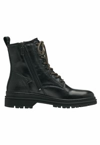 Botte de combat en cuir noir avec fermeture éclair latérale, lacets marron et noirs, et semelle en caoutchouc épaisse rainurée, vue de côté extérieur.