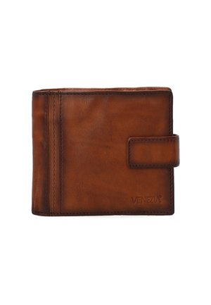 Brown leather wallet featuring a compact bi-fold design, visible stitching, a snap closure, and embossed "Venezia" branding.