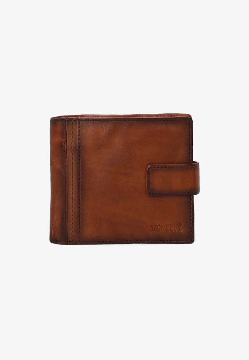 Hnědá kožená peněženka s kompaktním designem na dvě části, viditelným prošíváním, patentním uzávěrem a embosovaným logem "Venezia".
