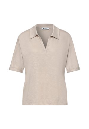 Beige lyhythihainen poolopaita V-kaula-aukiolla, leveällä kauluksella ja käännetyillä hihoilla, valmistettu kevyestä teksturoidusta kankaasta.