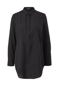 Chemise noire à manches longues en tissu lisse avec col à boutons, patte de boutonnage à l'avant et fentes latérales pour faciliter les mouvements.
