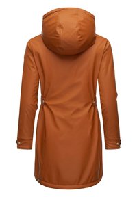 Waterproof brown parka jacket with hood, featuring vertical seams, button accents at cuffs, and adjustable waist for a tailored fit.