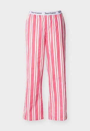 Pantaloni a righe rosse e bianche con vestibilità comoda, caratterizzati da una vita bianca con la scritta "Juicy Couture" e una chiusura frontale con bottone.