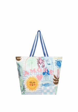 Stofftasche mit blauen gestreiften Griffen, bunten Sonne, Hummer, Fisch, Palme und dem Schriftzug "AMORE" mit Herz auf einem Patchwork-Hintergrund.