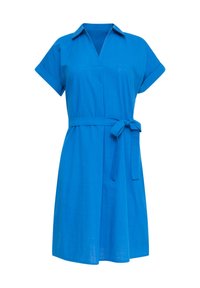 Blauwe jurk met korte mouwen van lichtgewicht stof, met een kraag, V-hals, strik taille en een ontspannen silhouet.