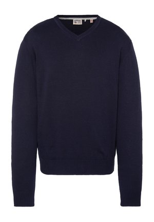 Granatowy sweter z dekoltem w serek, długimi rękawami, prążkowanymi mankietami i dołem, wyłożony na płasko bez widocznych wzorów ani ozdób.