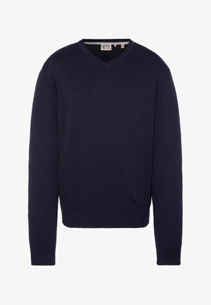 Marineblå V-hals sweater med lange ærmer, ribstrikkede ærmeafslutninger og kant, vist fladt uden synlige mønstre eller designs.